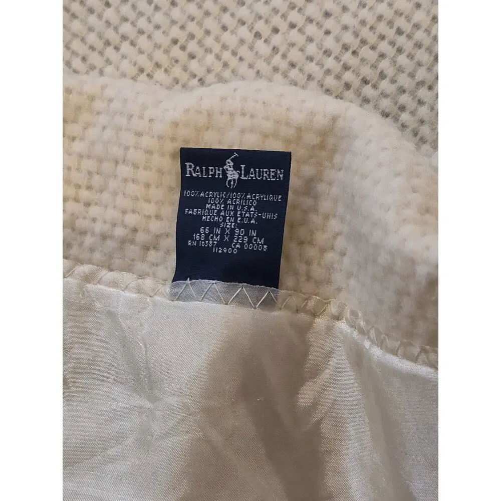 VTG Ralph Lauren Blanket Waffle Weave Satin Binding Acrylic Beige Ivory 68x89